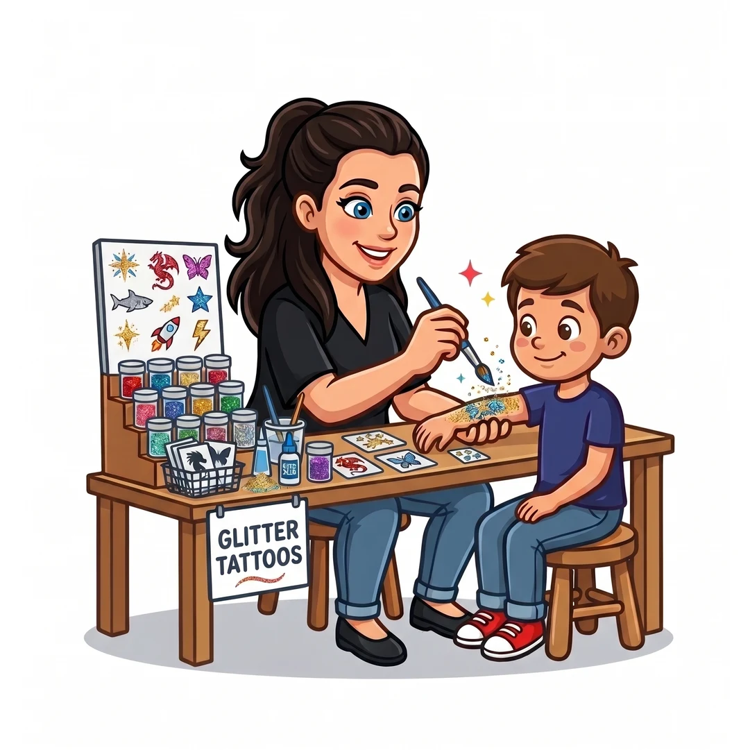 Cartoon of a Dazzling Faces artist applying a glitter tattoo to a boy's arm