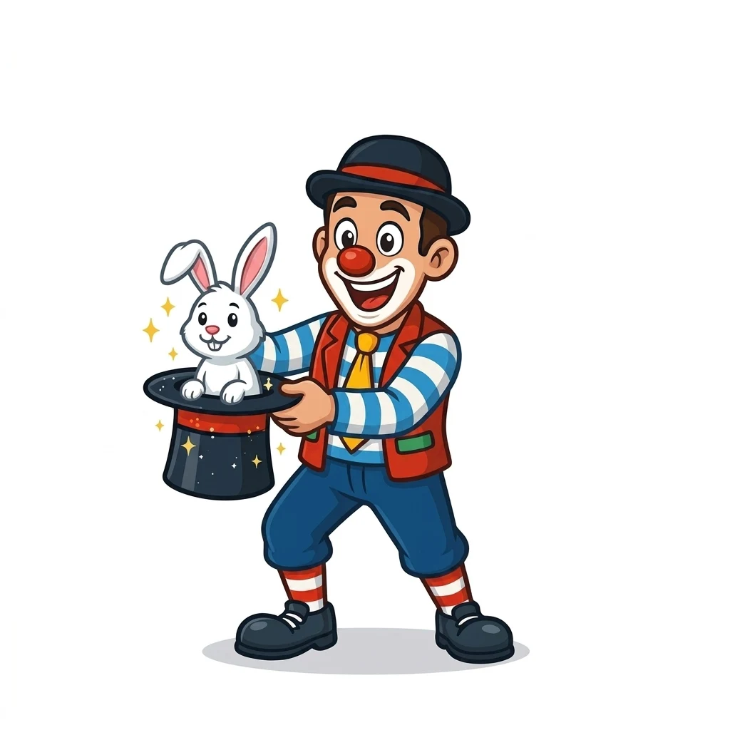 Cartoon of CJ the Clown pulling a rabbit out of a top hat