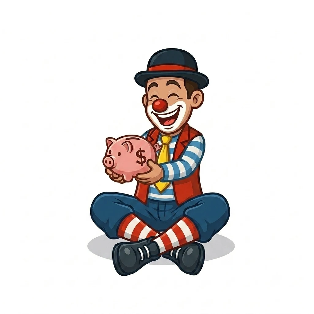 Cartoon of CJ the Clown sitting cross-legged holding a piggy bank