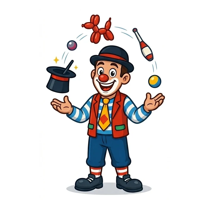 Cartoon of CJ the Clown presenting his party services