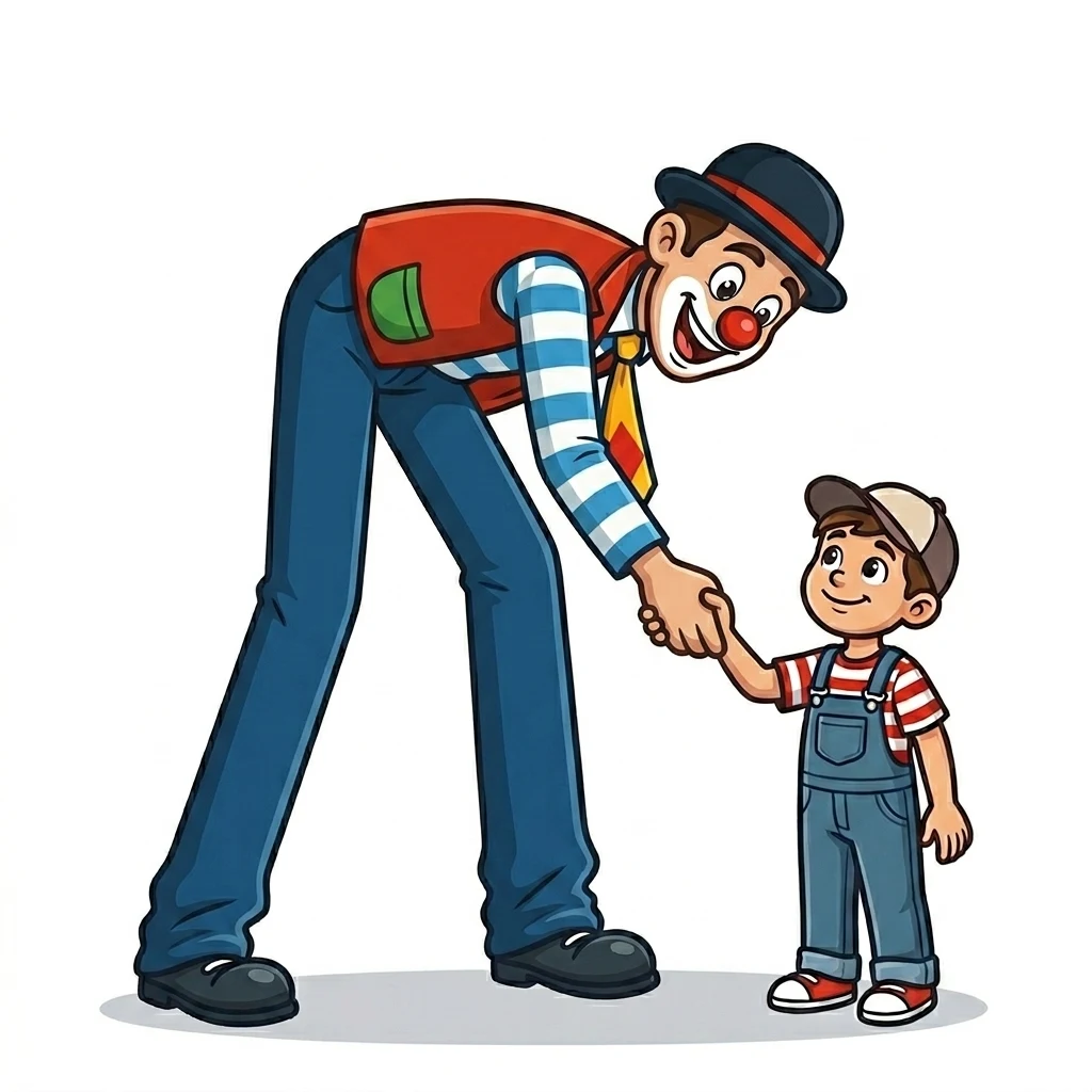 Cartoon of CJ the Clown on stilts shaking hands with a young boy